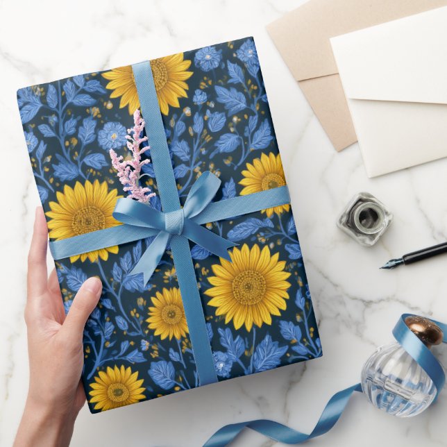 Vintage gul solros blå blommönster presentpapper (Gifting)