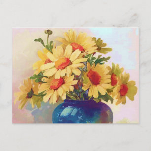 Vintage Gula blommor i blått vykort Vas