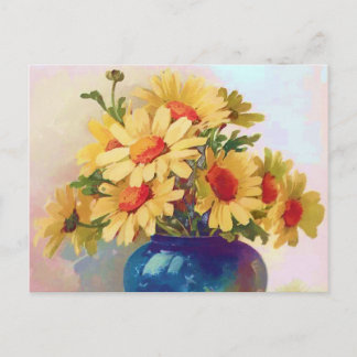 Vintage Gula blommor i blått vykort Vas