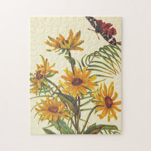 Vintage, Gula blommor och ett Insekt Puzzle Pussel