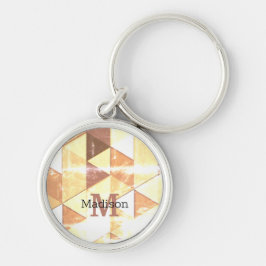 Vintage gulbrun geometrisk mönster Monogram Rund Silverfärgad Nyckelring