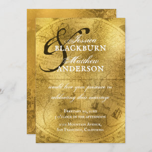 Vintage Guld - antika världskartan Bröllop Inbjudningar