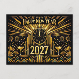 Vintage Guld Art Deco Nyår 2027 Helg Vykort