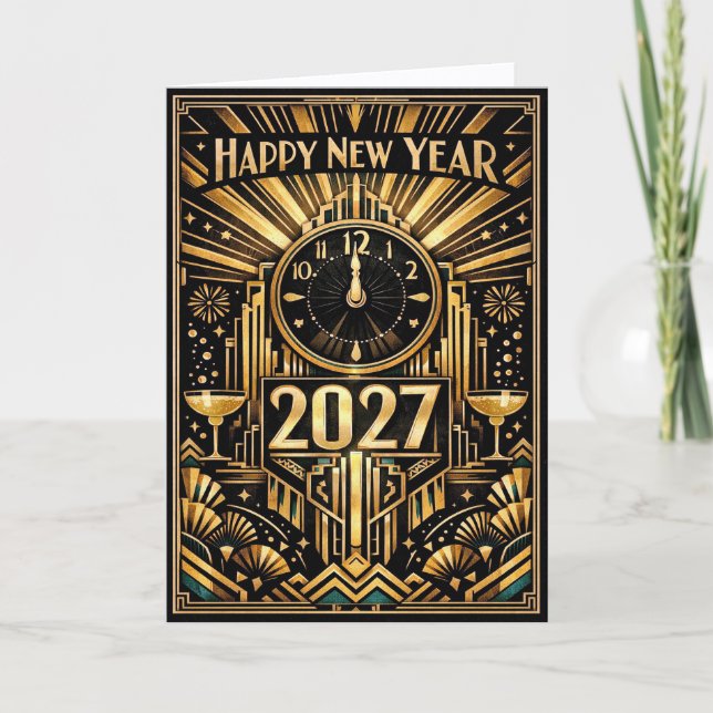 Vintage Guld Art Deco Nyår 2027 Helgkort (Framsida)