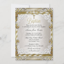 Vintage Guld Beige Damask Kor Baptism Photo Inbjudningar