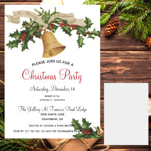 Vintage Guld Bell Holly-julmiddag Party Inbjudningar