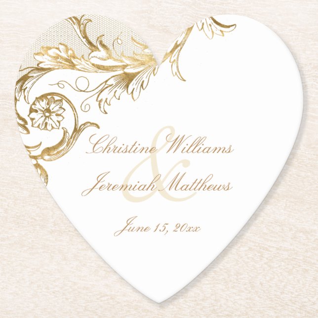 Vintage Guld Blommig Damaskusmanuskript Vitt Bröll Underlägg Papper (Framsida)