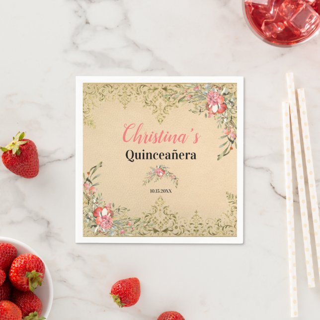 Vintage Guld Blommigt Quinceañera Birthday Pappersservett (Insitu)