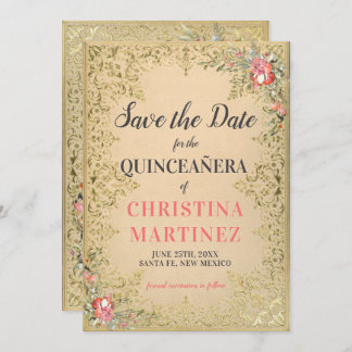 Vintage Guld Blommigt Quinceañera Välkomstkort Spara Datumet