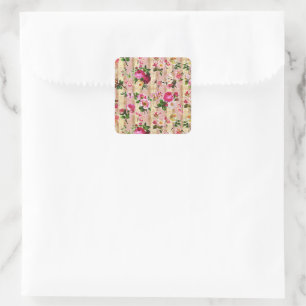 Vintage Guld Blommigt Rosa ros Damask Fyrkantigt Klistermärke