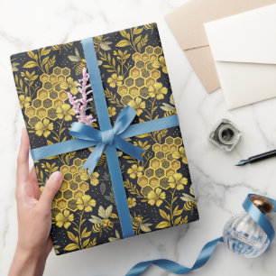Vintage guld blommor och bin presentpapper
