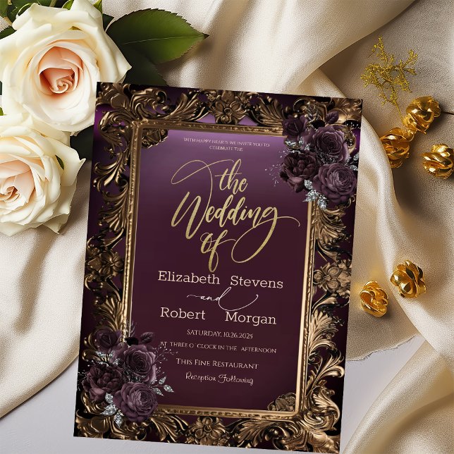 Vintage Guld Burgundy Ro Bröllop Inbjudningar (Skapare uppladdad)