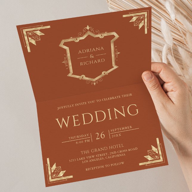 Vintage Guld Crest QR-kod Terrakotta Bröllop Inbjudan (Skapare uppladdad)
