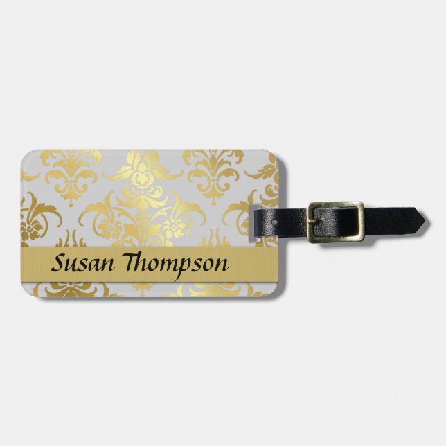 Vintage Guld Damask Ribbon Bagagebricka (Horisontell Framsida)