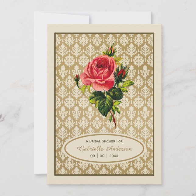 Vintage Guld Damask Rosa ros Möhippa Inbjudningar (Framsida)
