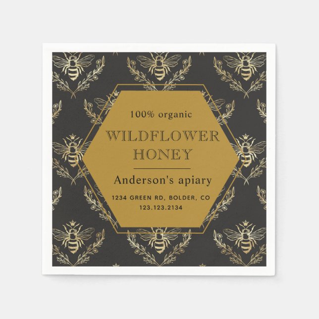 vintage guld drottning bee apiary honey monogram pappersservett (Framsidan)