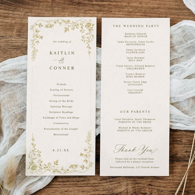 Vintage Guld & Elfenbens Kräm Färg Blommig Fransk  Program (Ivory cream wedding program with Victorian floral and toile de jouy design)