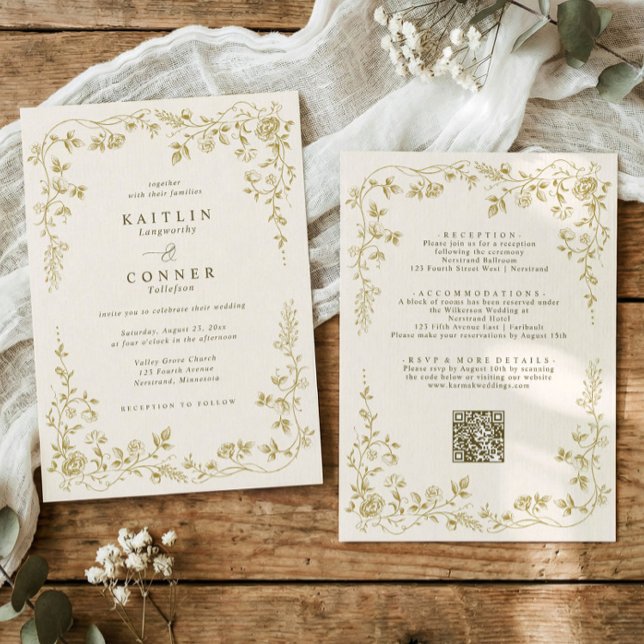 Vintage Guld & Elfenbenskräm Fransk Blommig Bröllo Inbjudningar (gold and cream vintage French wedding invitation with chinoiserie floral frame)