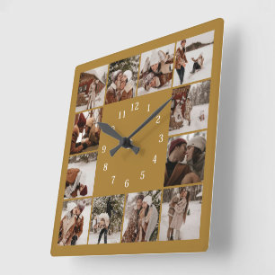 Vintage Guld Family 12 Photo Collage Keepsak Fyrkantig Klocka