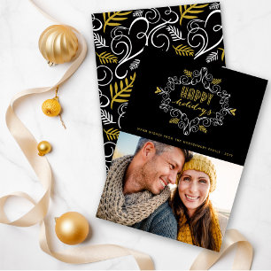 Vintage Guld Festive Foliage Glad helg Photo Julkort