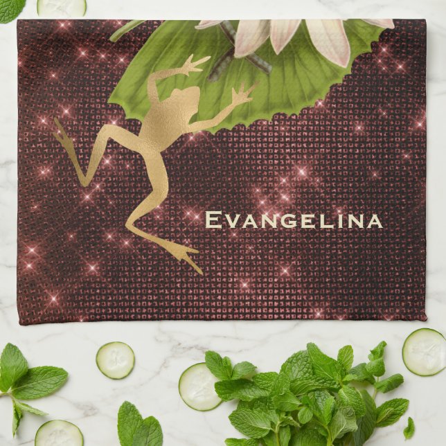 Vintage Guld Frog Lily Pad Blommigt  Kökshandduk (Vikta)