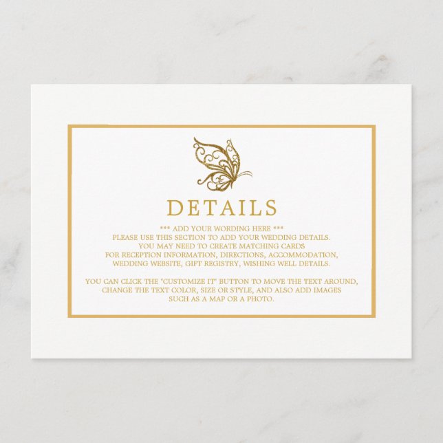 Vintage Guld Glitter Fjäril Bröllopsdetalj Tilläggskort (Framsida)