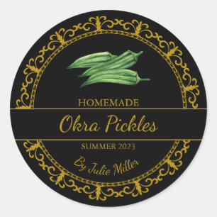 Vintage Guld Homemade Okra Pickles-etikett Svart Runt Klistermärke