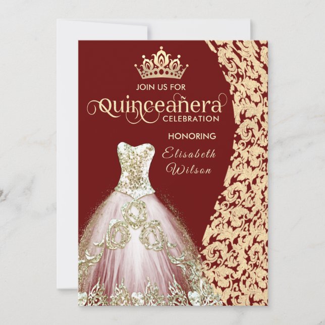 Vintage guld klänningsdamm tiara Quinceañera Inbjudningar (Framsida)