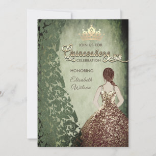 Vintage guld klänningsdamm tiara Quinceañera Inbjudningar