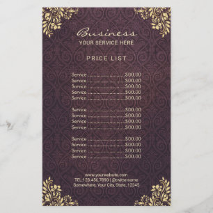 Vintage Guld Lila Damask Beauty Salon Pris List Flygblad