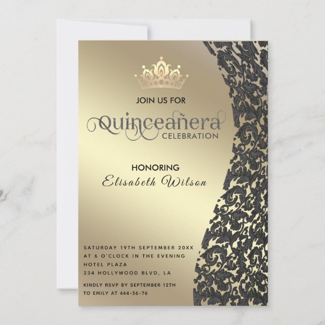 Vintage guld lyxdamm tiara Quinceañera Invi Inbjudningar (Framsida)