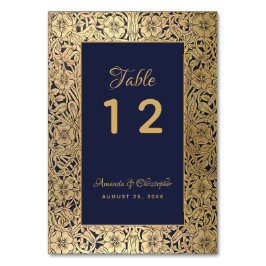 Vintage Guld Marinblå Vilda Rosor Elegant Bröllop Bordsnummer