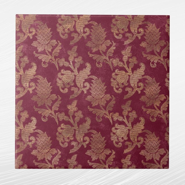 Vintage Guld Maron Blommigt Damask Kakelplatta (Skapare uppladdad)