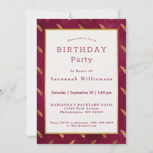 Vintage Guld Maroon Wheat Birthday Inbjudningar