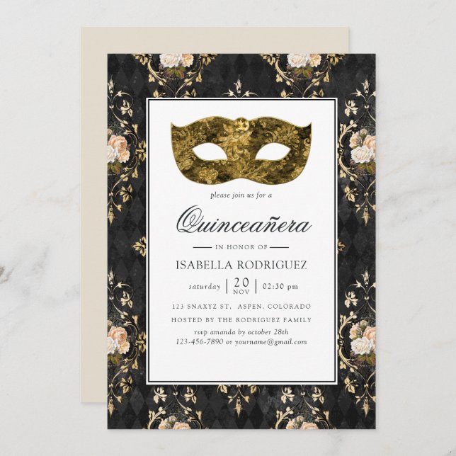 Vintage Guld MasqueraBlommigt Damask Quinceañera Inbjudningar (Fram/baksida)