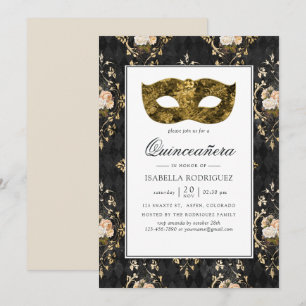 Vintage Guld MasqueraBlommigt Damask Quinceañera Inbjudningar