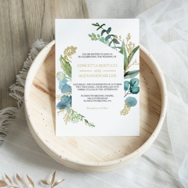 Vintage Guld och Grönt Eucalyptus bröllop Inbjudningar (Skapare uppladdad)