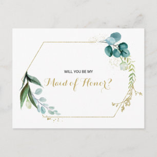 Vintage Guld och Grönt Eucalyptus Maid of honor Inbjudan Vykort