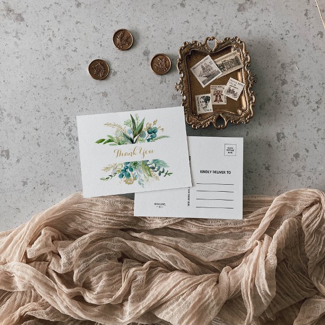 Vintage Guld och Grönt Eucalyptus Tack Vykort (Skapare uppladdad)