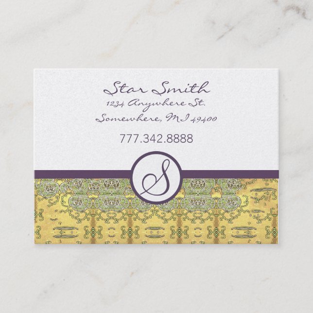 Vintage Guld och Lila Swirly-Blommönster Visitkort (Framsida)