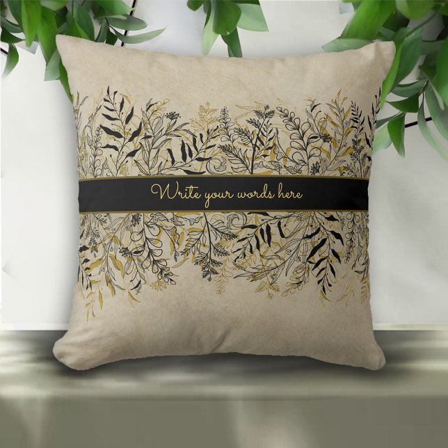 Vintage guld och svart botanisk  Anpassad text Kudde (Skapare uppladdad)