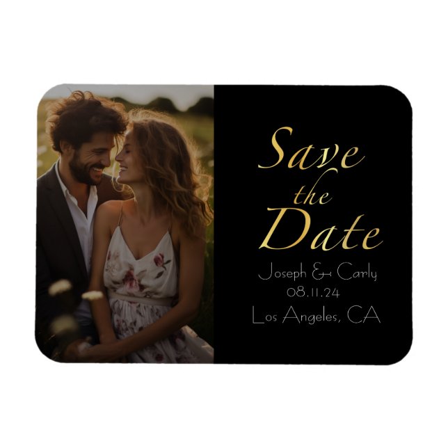 Vintage guld och svart spara datumfoto magnet (Horisontell)