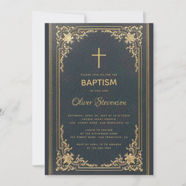 Vintage Guld på Marinblå Elegant Pojkfödelsedop Inbjudningar (Framsida)