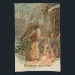 Vintage Guld Pappa jul och Angel Kökshandduk<br><div class="desc">Pappa jul i den gamla världen med mycket utsmyckade guld är med gåvor och träd med vind ängel. Redigerbar text fält som tillval.</div>