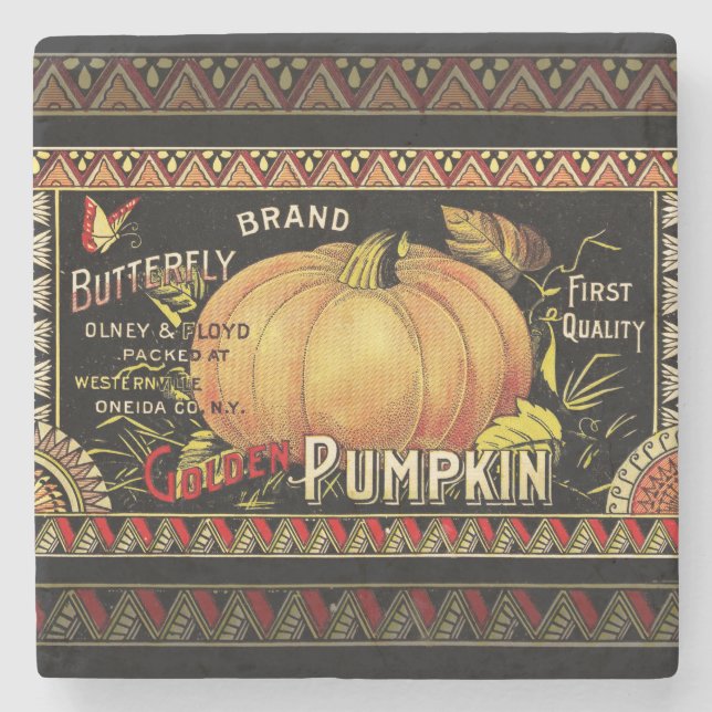 Vintage Guld Pumpa Krate Etikett: Antik Höst Stenunderlägg (Framsidan)