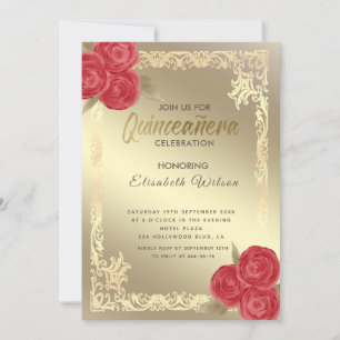 Vintage guld ram röd ros Quinceañera Inbjudningar