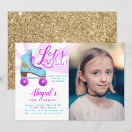 Vintage Guld Roller Skating Födelsedagsfest Photo Inbjudningar