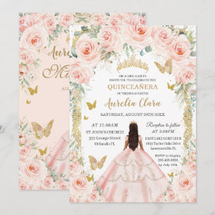 Vintage guld roséblommig klänning Quinceañera Inbjudningar