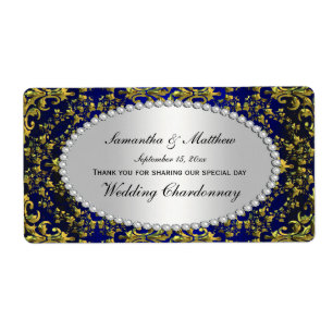 Vintage Guld & Royal Blue Damask Pearl Vin-etikett Fraktsedel