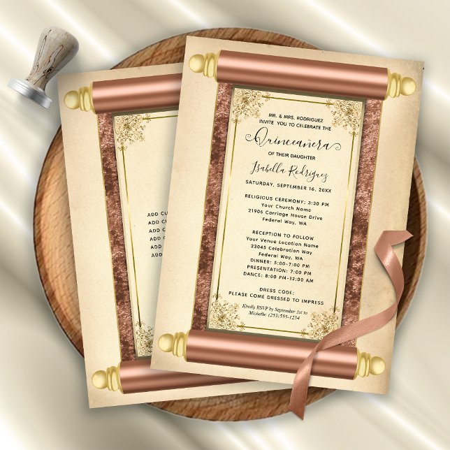 Vintage Guld Rulla Elegant Quinceañera Inbjudningar (Vintage Rose Gold Scroll Elegant Quinceañera Invitation)